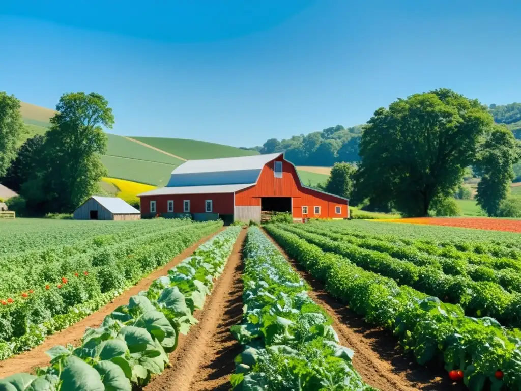 Campo de cultivo vibrante y exuberante con prácticas agrícolas sostenibles para ecosistemas