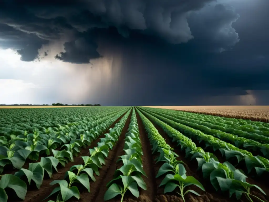 Campo de cultivos devastado por el impacto del cambio climático en la seguridad alimentaria, con plantas marchitas, suelo agrietado y cielo ominoso