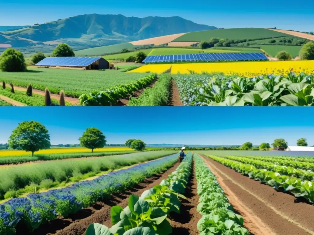 Un campo de cultivos orgánicos vibrantes bajo un cielo azul claro, con un granjero cuidando las plantas