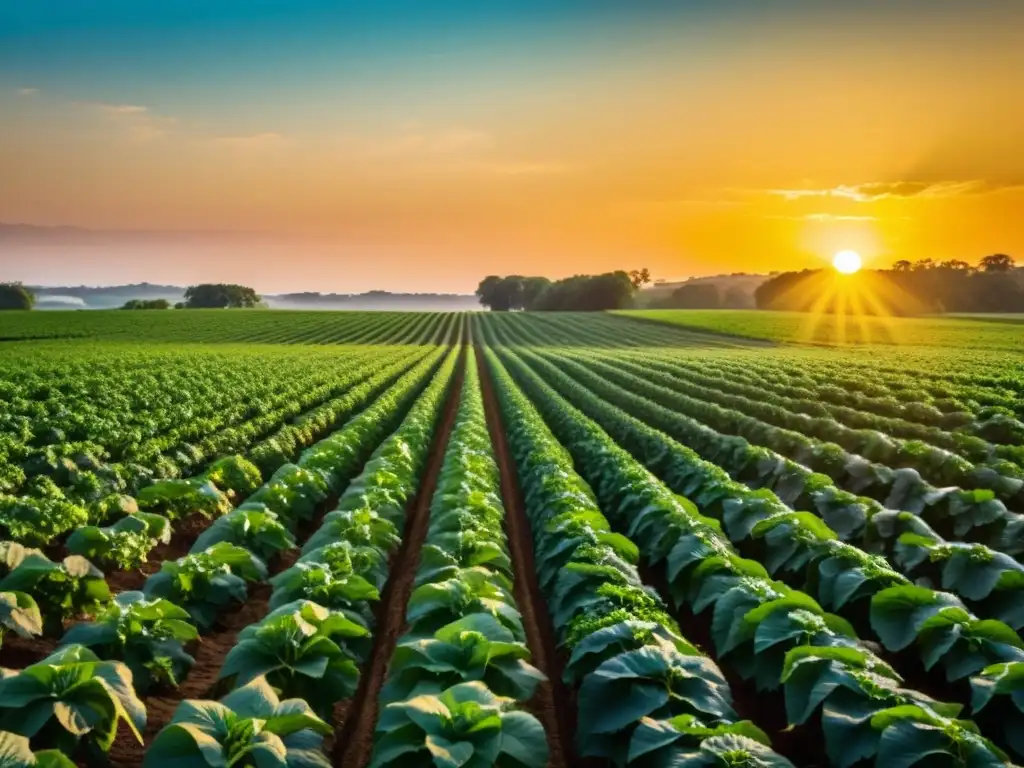 Un campo agrícola exuberante bañado por la cálida luz del atardecer