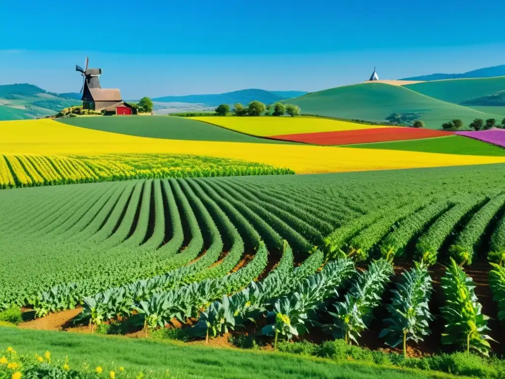 Un campo agrícola exuberante y diverso bajo un cielo azul