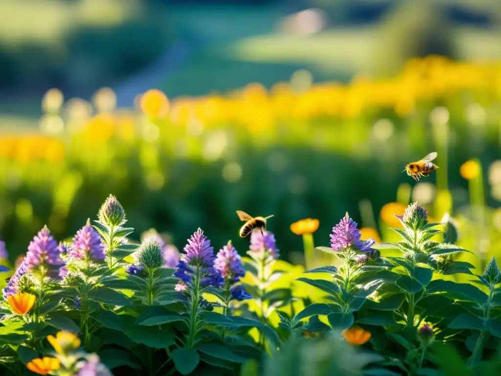 Un campo exuberante y florido con vida silvestre en pleno vuelo