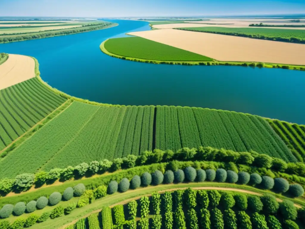 Un campo agrícola exuberante se extiende hasta el horizonte, bordeado por un río serpenteante que refleja el cielo azul