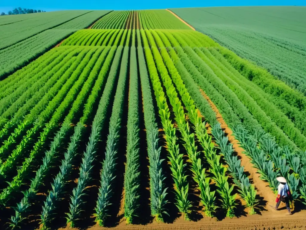 Un campo agrícola exuberante y saludable, con un agricultor inspeccionando cultivos enfoques ecológicos para manejo de plagas