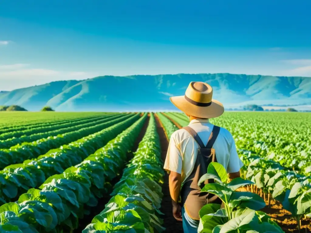 Un campo agrícola exuberante y sostenible con cultivos vibrantes bajo un cielo azul