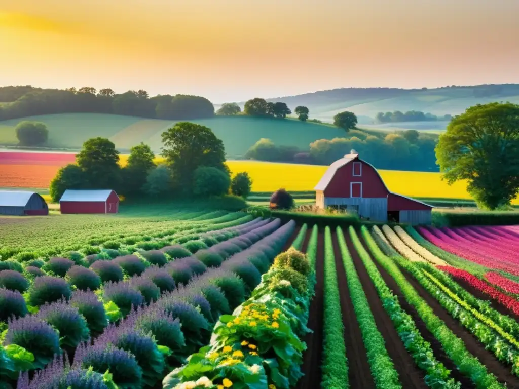 Campo de cultivo orgánico: belleza y abundancia natural Un campo fértil rebosante de vida y color, con hortalizas y verduras frescas