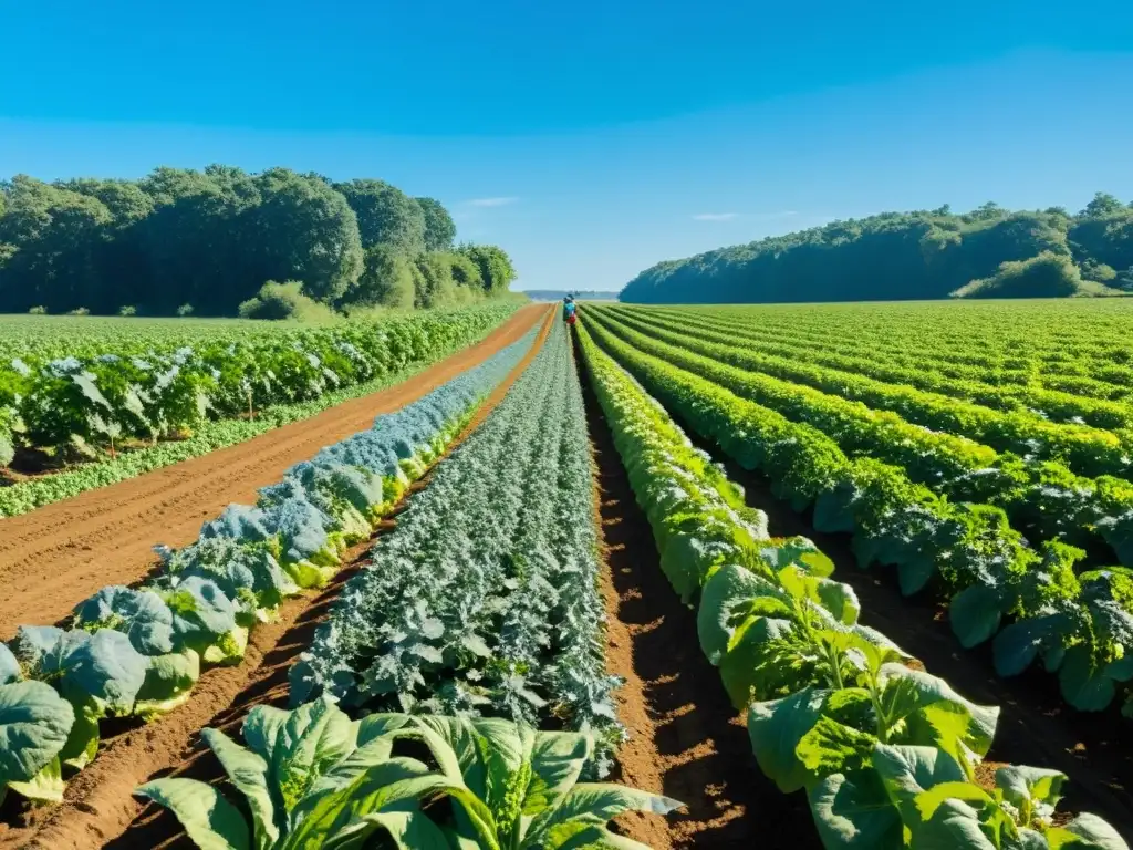 Un campo fértil y vibrante se extiende hasta el horizonte, con cultivos diversos y un ecosistema próspero