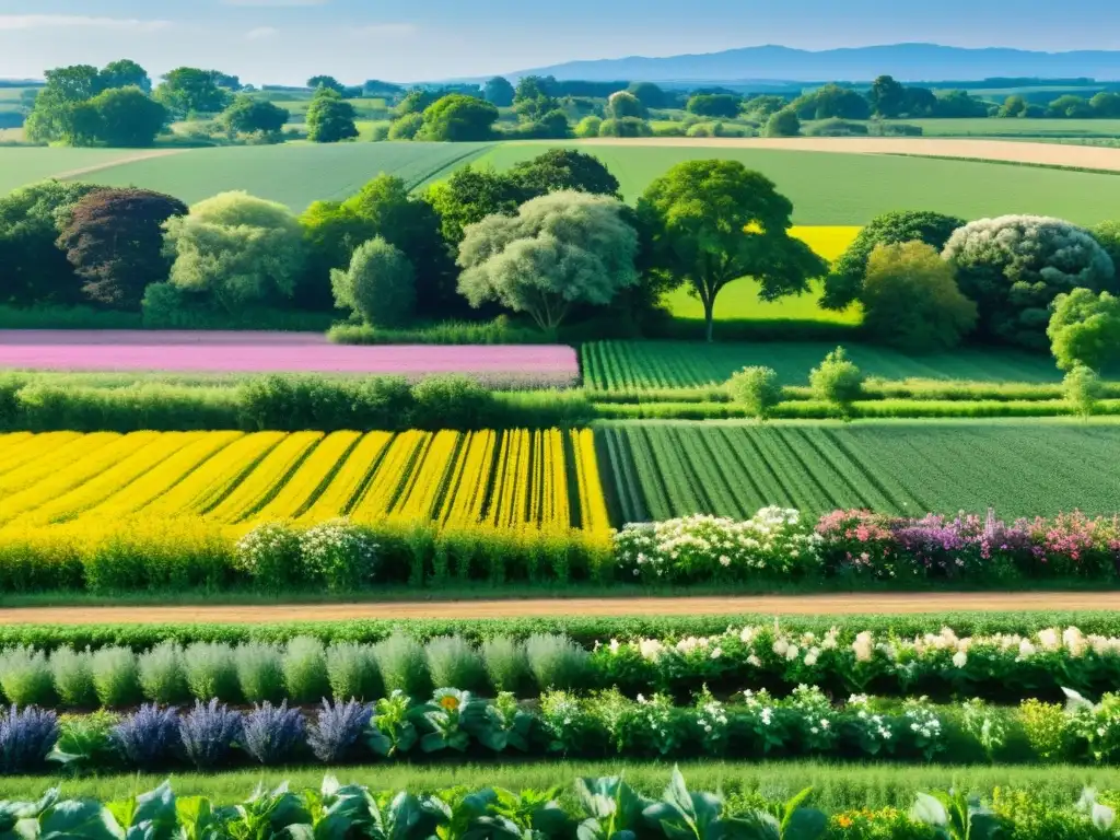 Un campo fértil y vibrante se extiende hasta el horizonte, con cultivos saludables y una diversa ecología