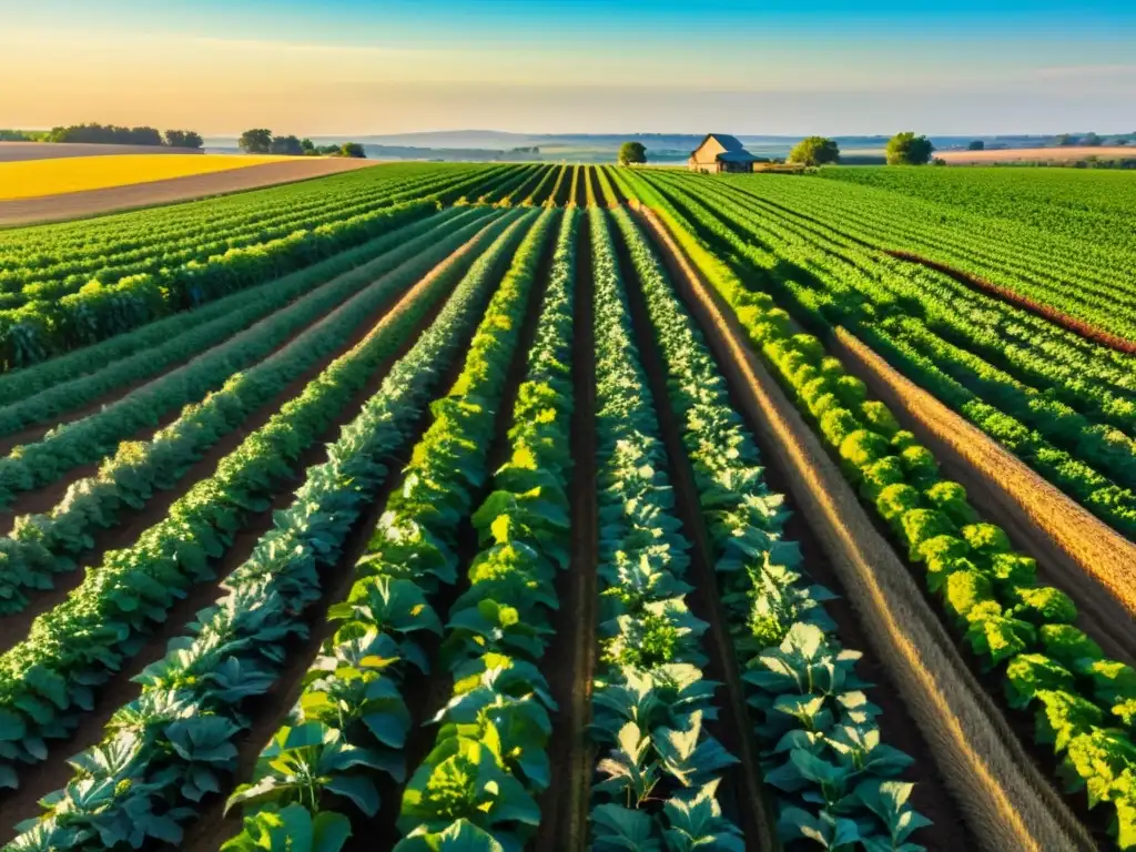 Un campo fértil y vibrante se extiende hasta el horizonte, con hileras de cultivos coloridos