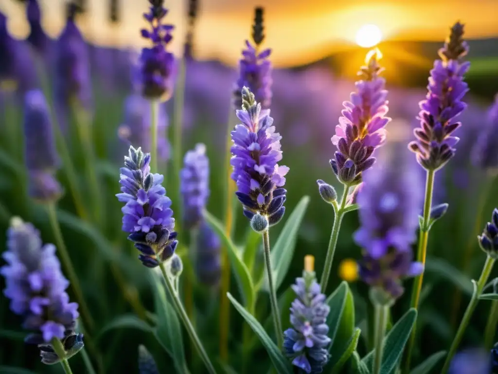 Un campo de flores de lavanda bañado por la luz dorada del sol