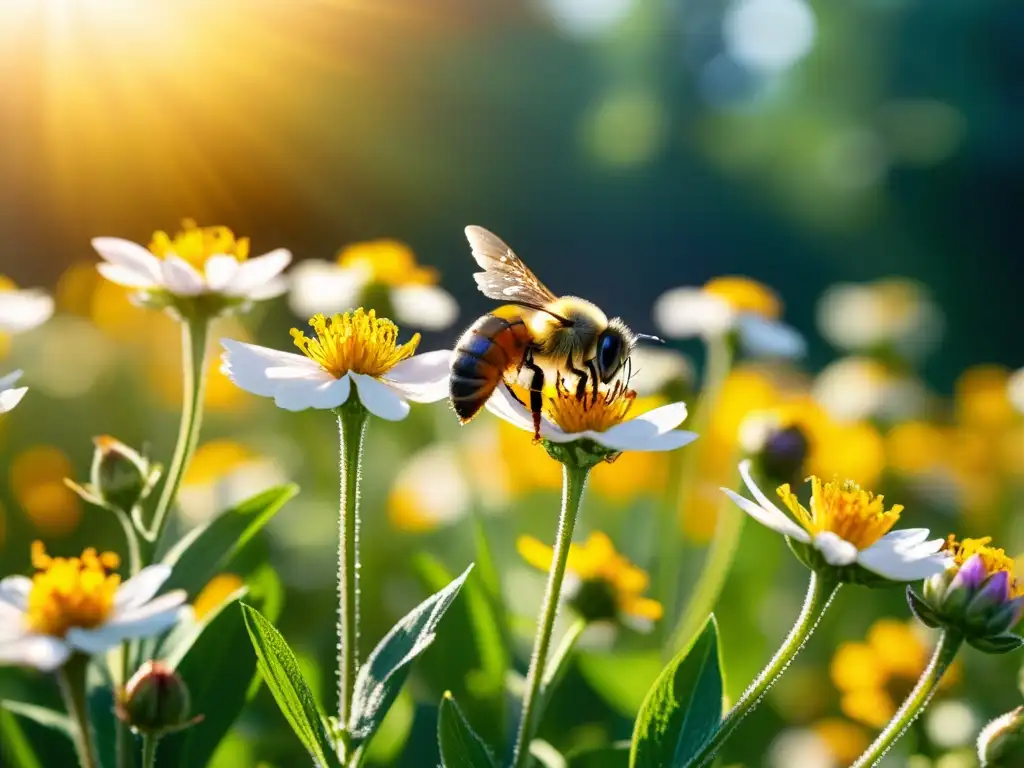 Un campo de flores vibrantes en detalle, con luz dorada y vida natural