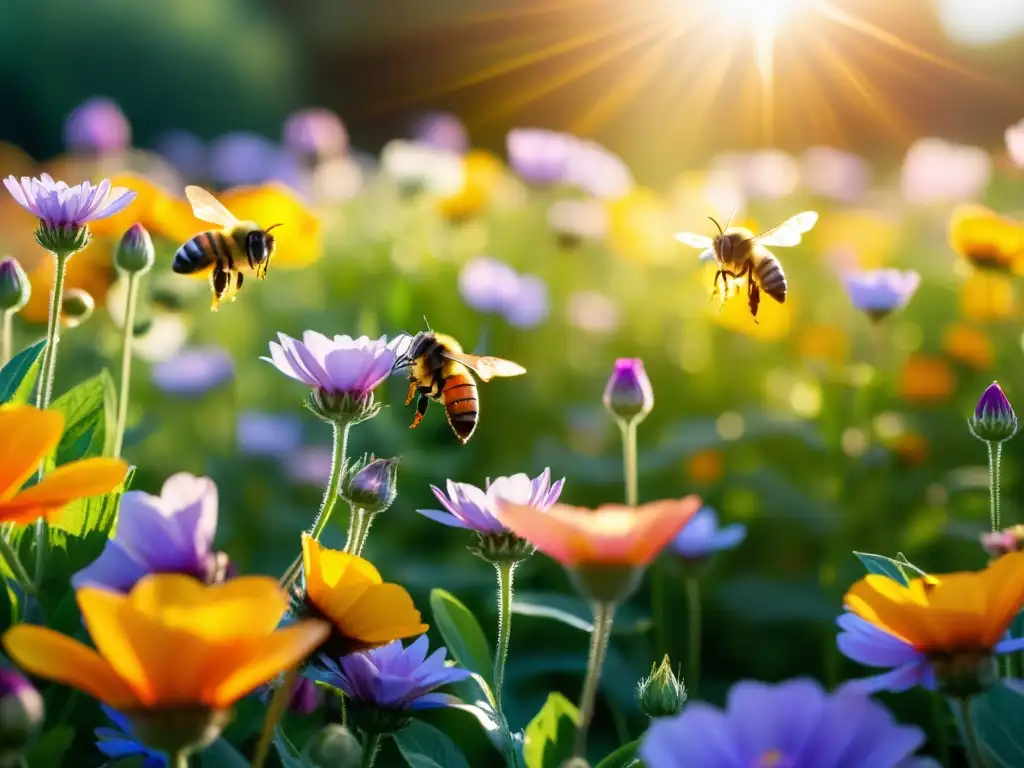 Campo de flores vibrantes con detalles delicados, bañadas por la luz del sol