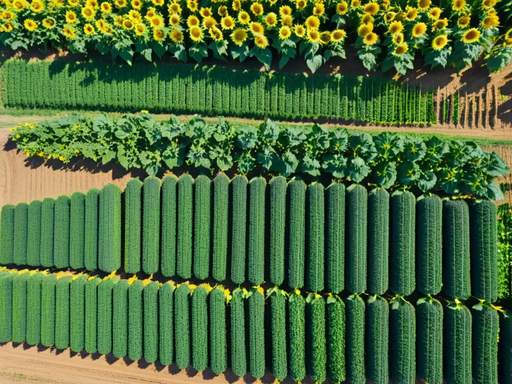 Un campo de girasoles y plantas vibrantes en una extensa tierra fértil