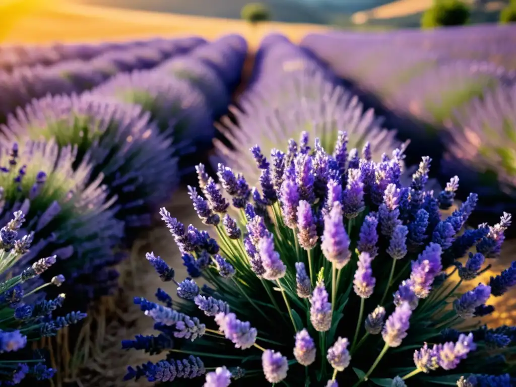 Un campo de lavanda en Provence, Francia, bañado por la luz dorada del sol matutino