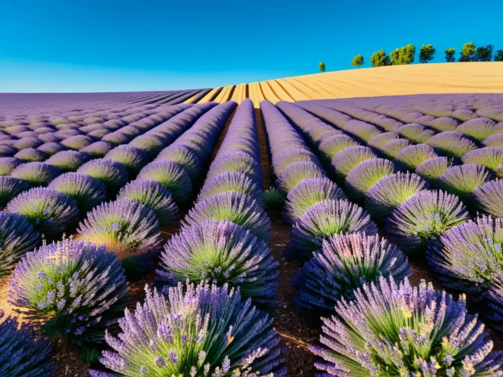 Campo de lavanda con filas de flores moradas bajo cielo azul