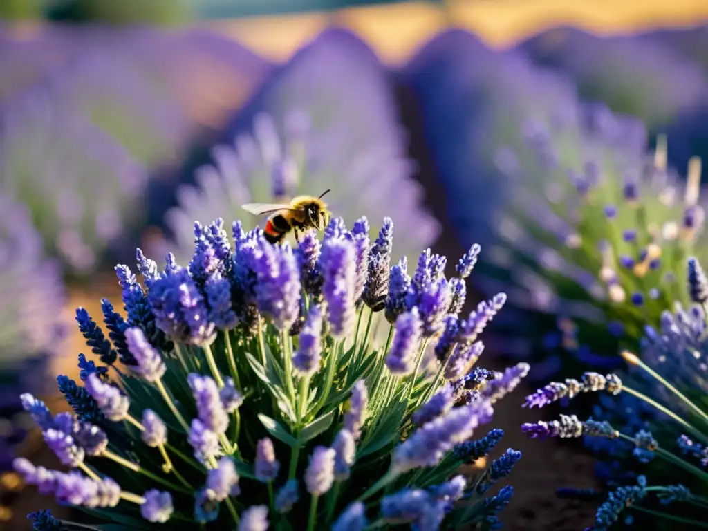 Un campo de lavanda morada con la luz del sol filtrándose entre las flores, dando vida a la escena