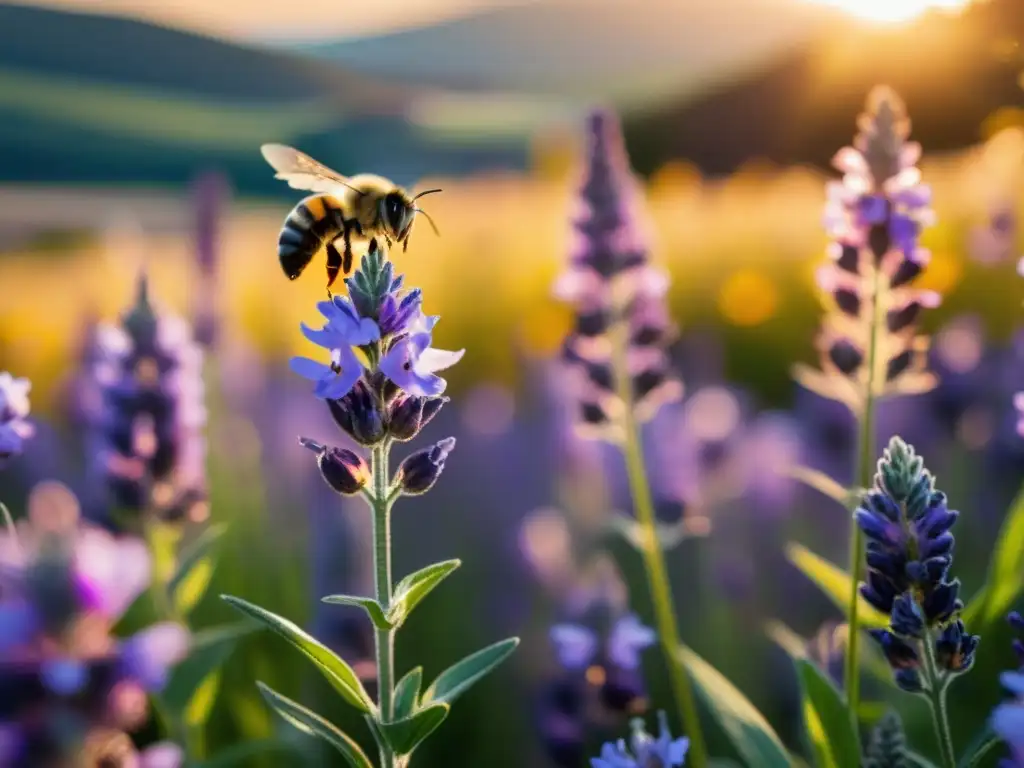 Campo de lavanda morada vibrante al atardecer, con abejas, destilería y proceso de perfumes naturales fragancias planeta proteger