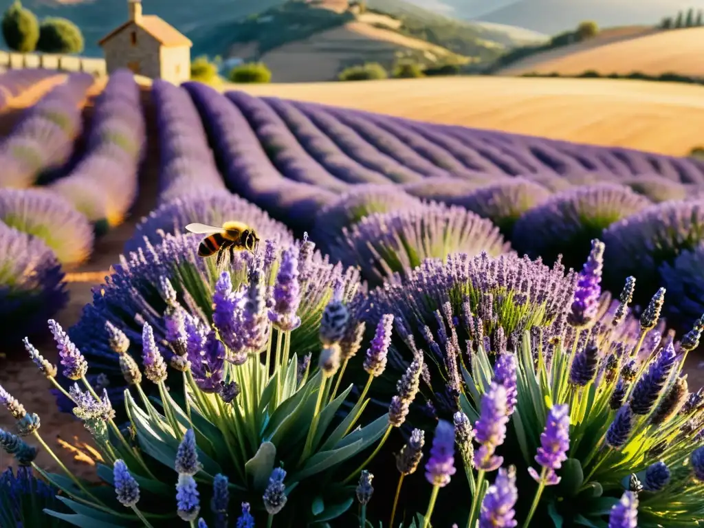 Un campo de lavanda morada vibrante en un ecosistema mediterráneo