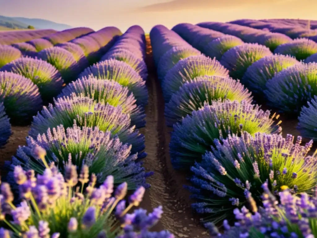 Un campo de lavanda orgánica bañado por la luz del sol, con filas de flores moradas vibrantes que se extienden hasta el horizonte