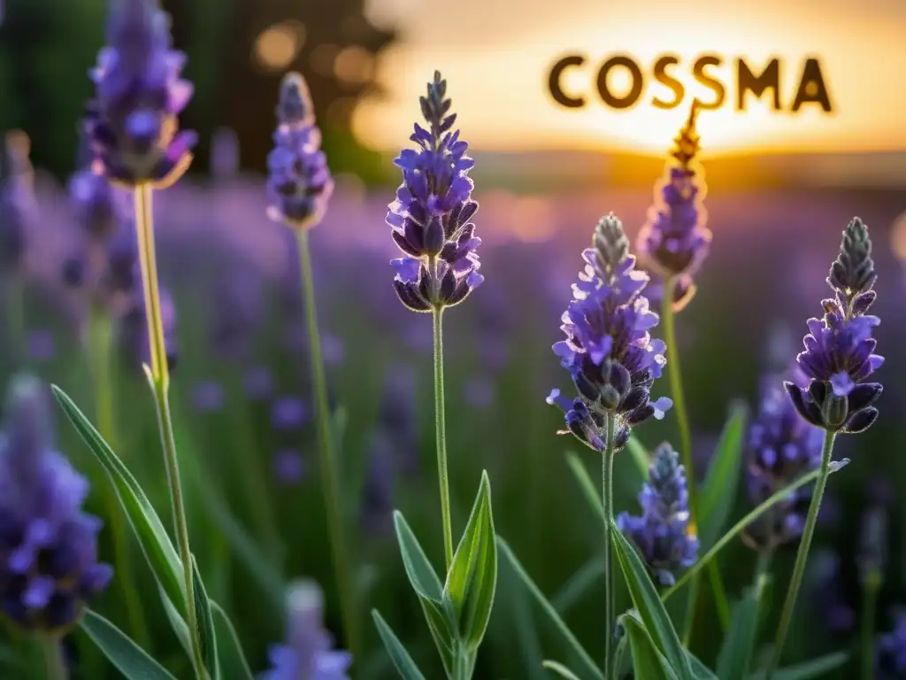 Un campo de lavanda orgánica con delicadas flores moradas y un letrero de 'Cosmética Ecológica'