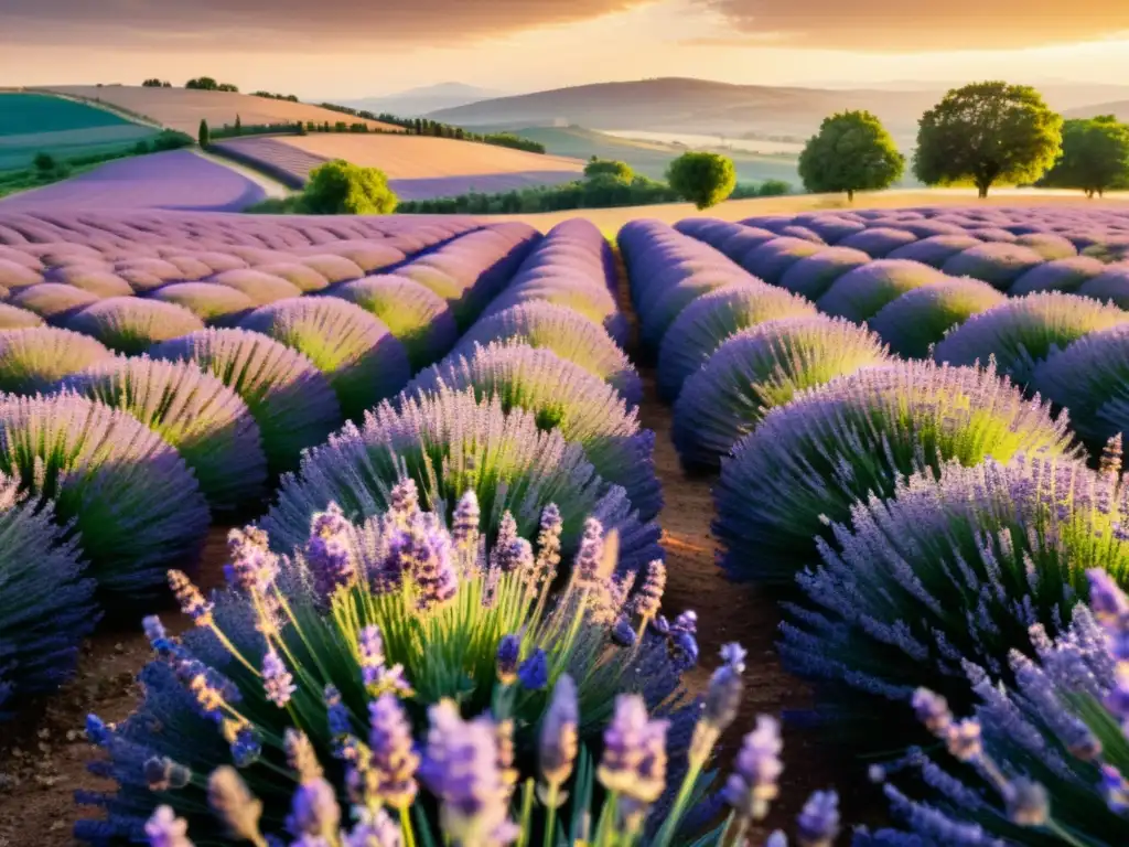 Un campo de lavanda orgánica en la hora dorada, con flores moradas vibrantes y colinas al fondo