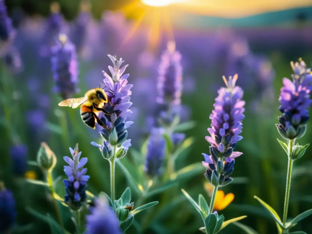 Un campo de lavanda púrpura en el Mediterráneo, con polinizadores y luz cálida, captura la belleza de la polinización en ecosistemas mediterráneos