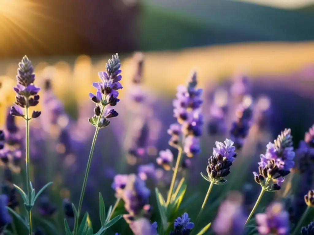 Un campo de lavanda púrpura vibrante, bañado por la cálida luz dorada del sol