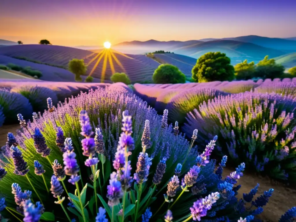 Un campo de lavanda vibrante bañado por el cálido sol, con abejas recolectando néctar