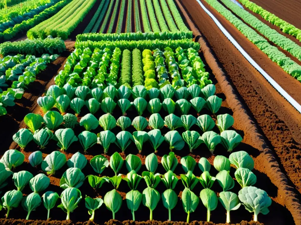 Granja orgánica diversa: vida en la tierra y cuidado humano Un campo orgánico diverso y vibrante, con cultivos saludables y trabajadores cuidadosos, reflejando un estilo de vida sostenible vegano