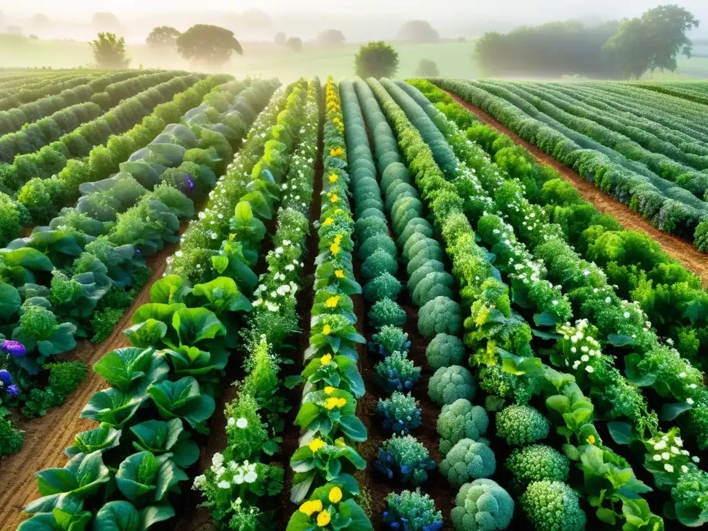 Un campo orgánico exuberante con frutas y verduras resplandecientes, abejas y flores silvestres