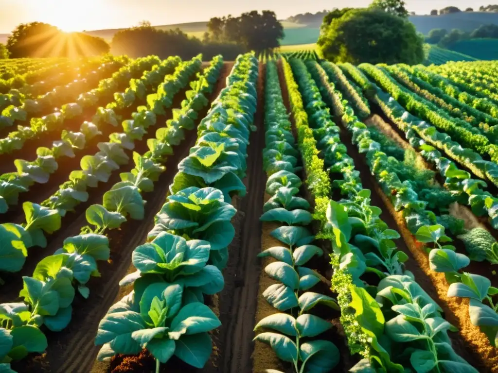 Un campo orgánico próspero con hortalizas vibrantes y coloridas, bañado por la cálida luz del sol