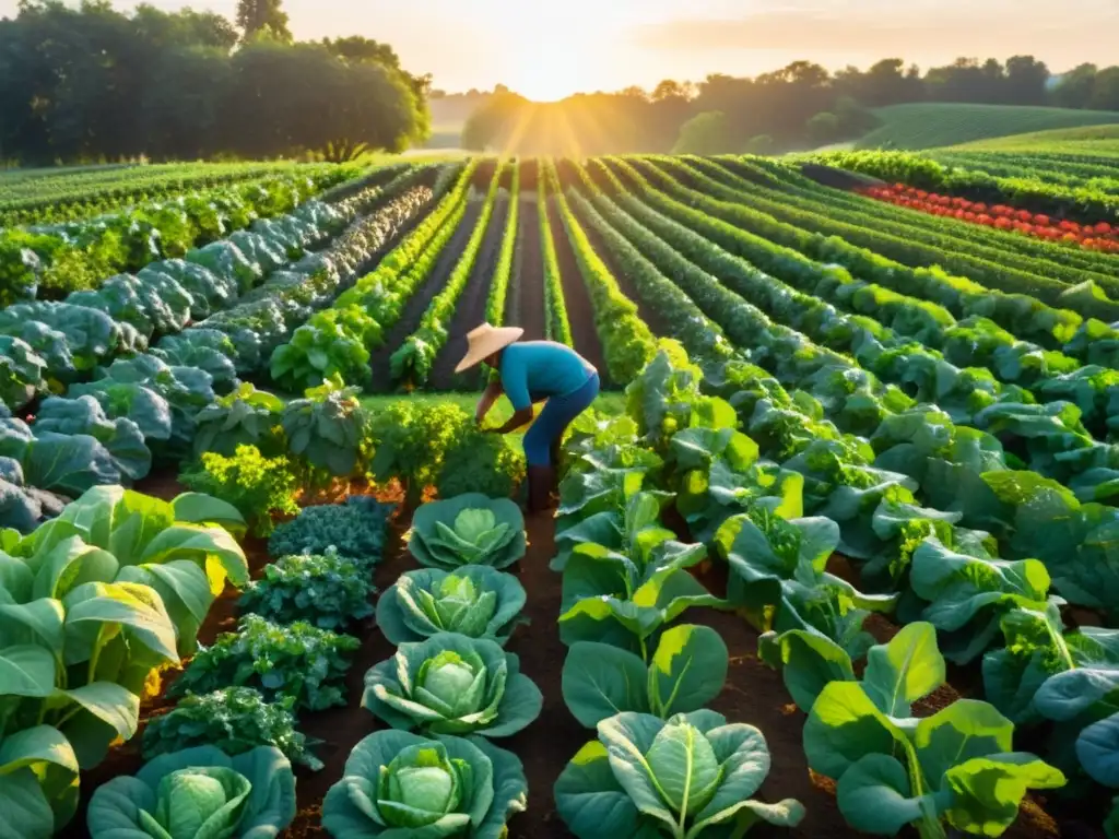 Un campo orgánico vibrante y exuberante con cultivos de hojas verdes, vegetales coloridos y frutas maduras bañados por la cálida luz del sol