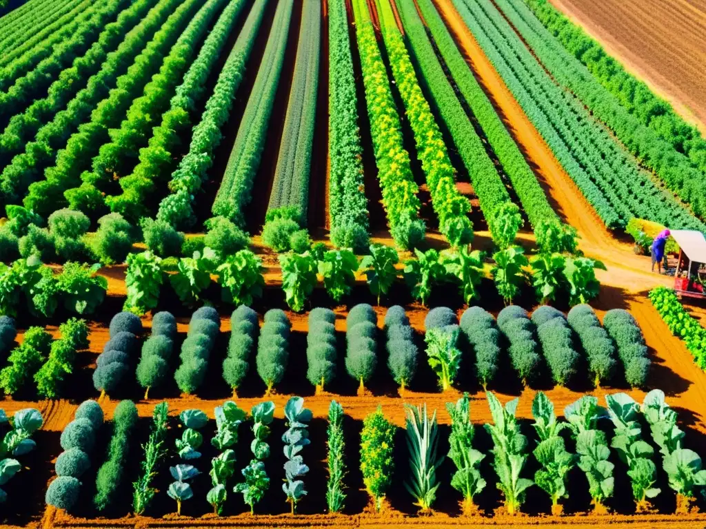 Un campo orgánico vibrante con vegetales, frutas y flores