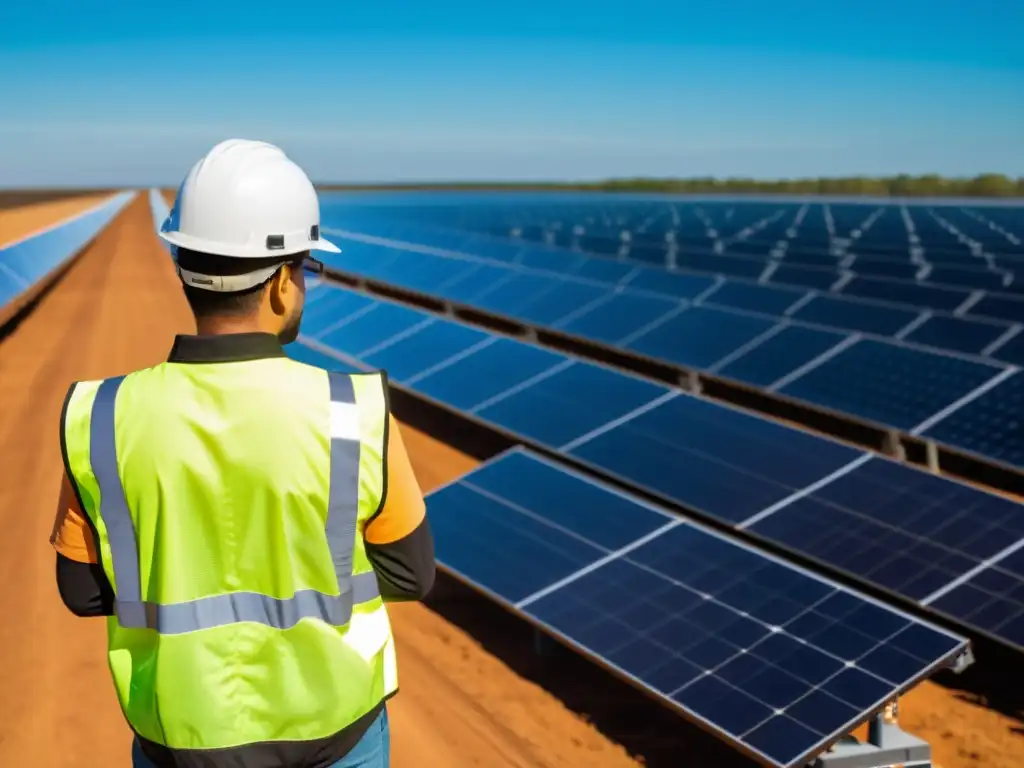 Campo de paneles solares bajo cielo azul, destilando progreso y colaboración en proyectos de energía renovable