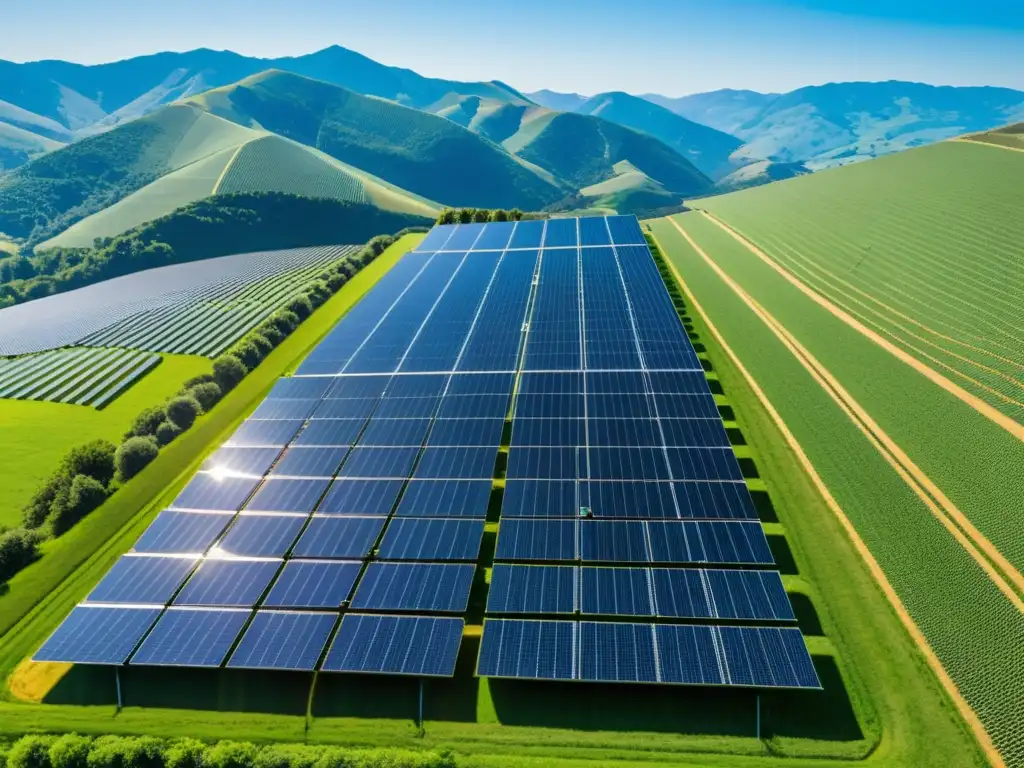 Un campo de paneles solares en las colinas verdes con un cielo azul claro