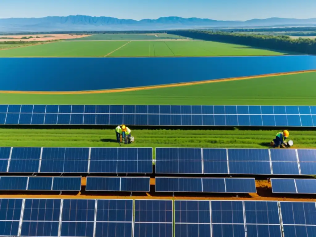 Un campo de paneles solares se extiende hasta el horizonte bajo un cielo azul claro