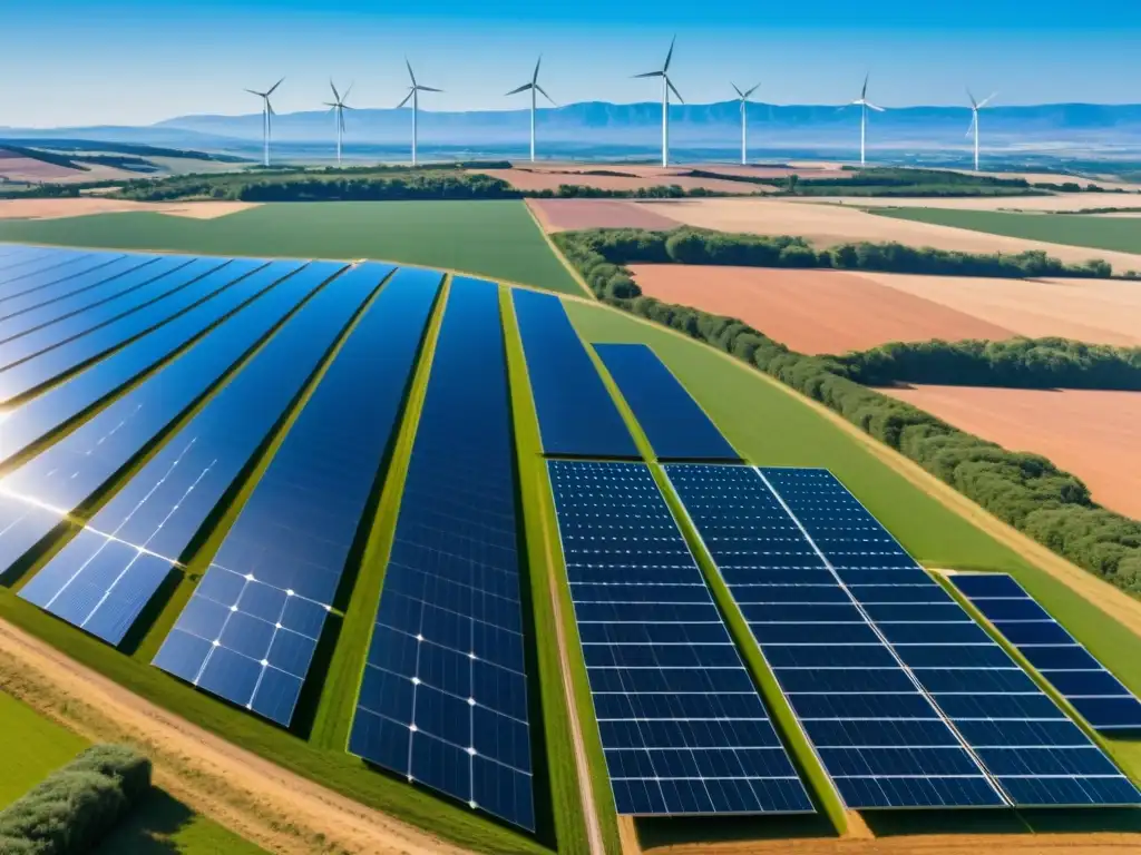 Un campo de paneles solares en armonía con un parque eólico bajo el cielo azul