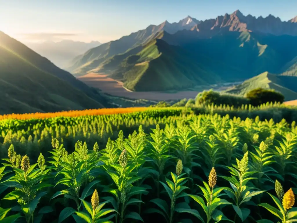 Campo de quinua vibrante en los Andes, muestra la flora única de los Andes con detalle impresionante