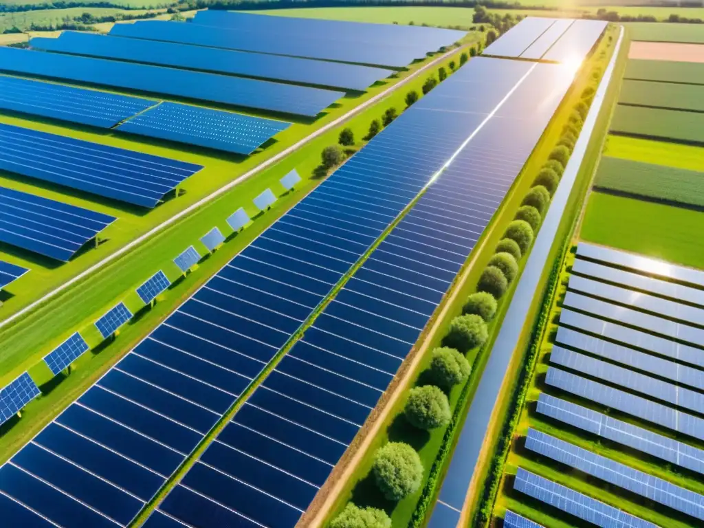 Un campo solar extenso capturando la luz solar, simbolizando la rentabilidad de las energías renovables con tecnología