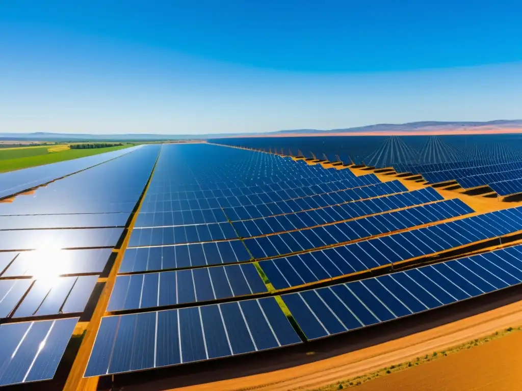 Un campo solar impresionante que desafía las inversiones de energía renovable con paneles brillantes bajo el cielo azul