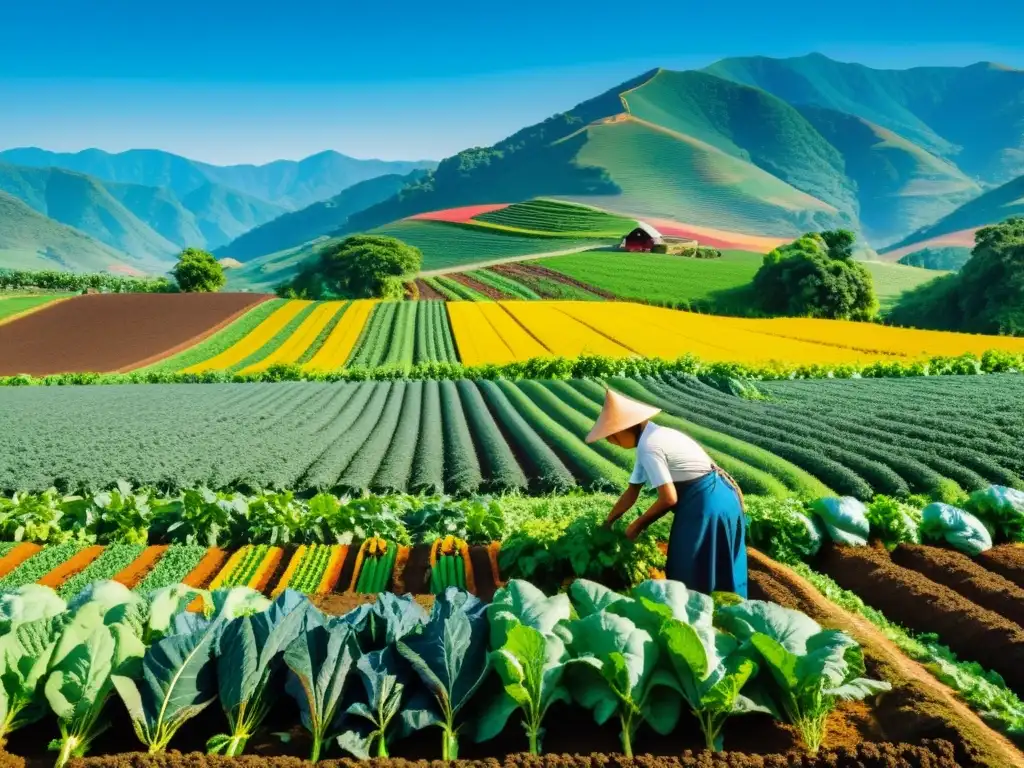 Un campo agrícola tradicional con un agricultor cuidando las plantas