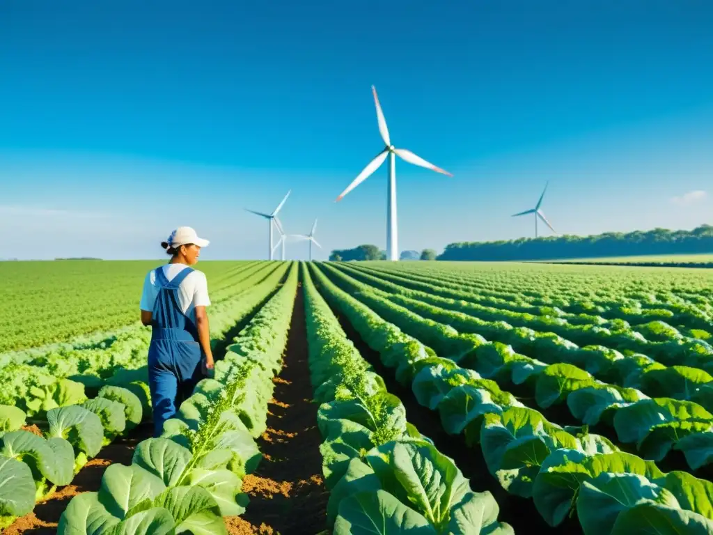 Un campo agrícola verde exuberante con un agricultor cuidando cultivos, y un molino de viento al fondo