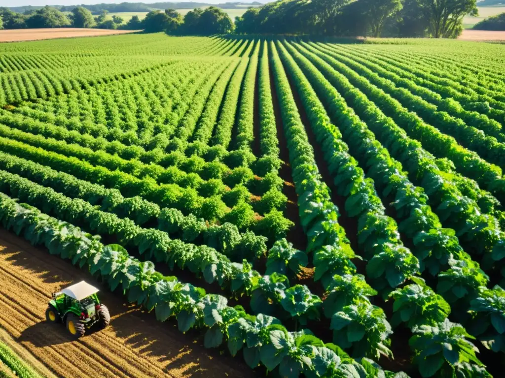 Un campo verde exuberante con cultivos ordenados