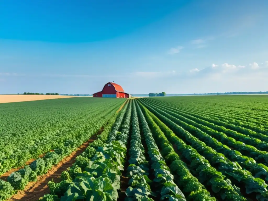 Campo verde exuberante con cultivos saludables y granja tradicional en el horizonte, reflejando el impacto de la agricultura ecológica vs convencional