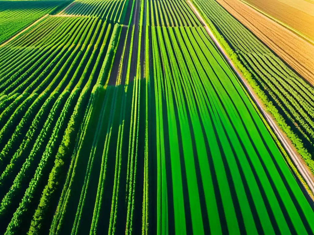 Un campo agrícola verde exuberante con cultivos y un satélite en órbita