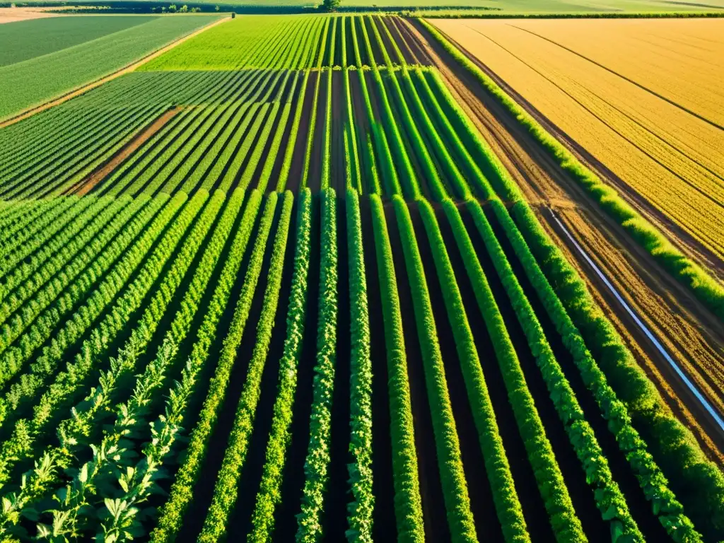 Campo agrícola verde exuberante con cultivos en filas, trabajadores y moderna instalación industrial