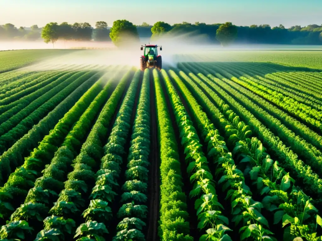 Un campo verde y exuberante con filas de plantas saludables