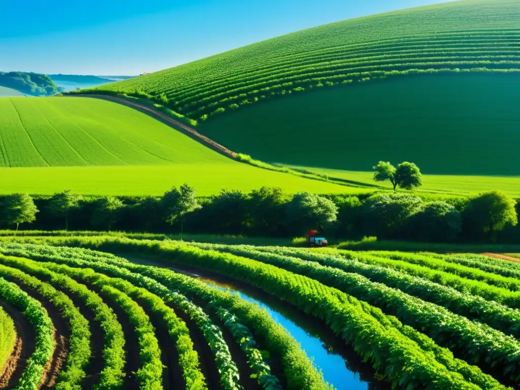 Un campo verde exuberante se extiende hasta el horizonte, con cultivos vibrantes y un arroyo serpenteante