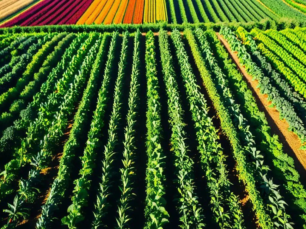 Un campo agrícola vibrante y colorido, bañado por la luz dorada del sol