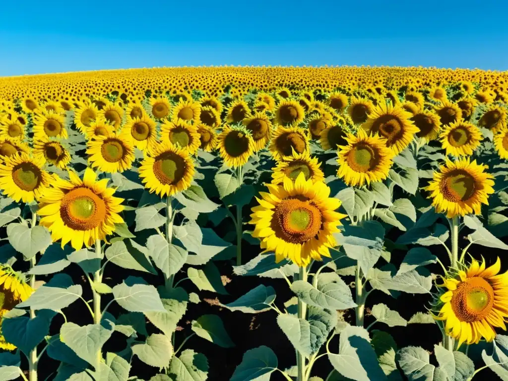 Un campo vibrante de girasoles bajo el cálido sol, con abejas y mariposas entre las flores